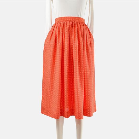 Vintage 80s Orange Polka Dot Silky Full Flowy Midi Length Skirt with Pockets S - Picture 1 of 6